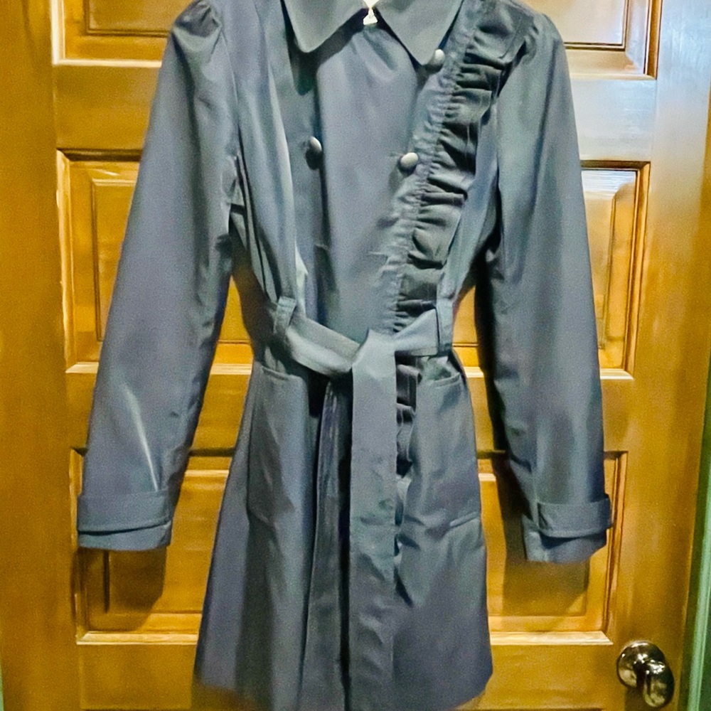 Elevenses Elegant Navy Trench Coat with Ruffle Accent